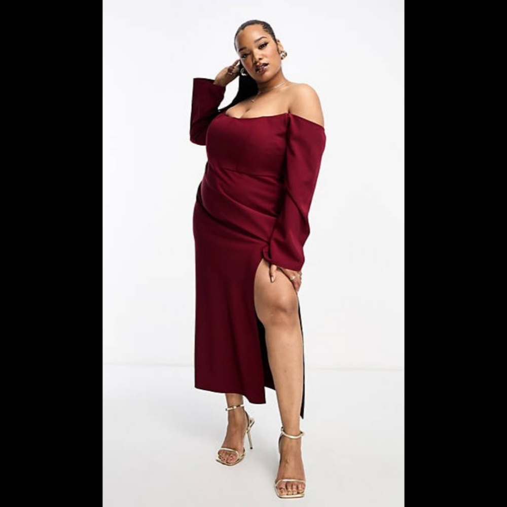 BNWT ASOS DESIGN CURVE EXCLUSIVE BARDOT CORSET DETAIL MIDI DRESS IN WINE - Picture 2 of 15